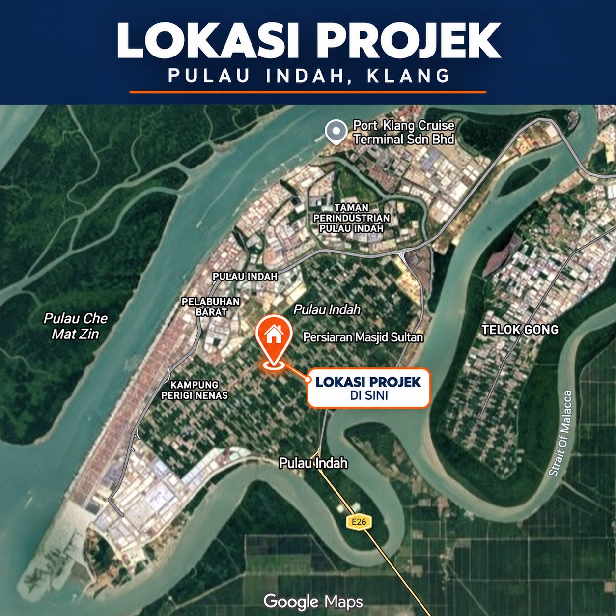 Peta lokasi projek menunjukkan Persiaran Masjid Sultan 8 di Pulau Indah, Klang, berhampiran Kampung Perigi Nenas dan Pelabuhan Barat